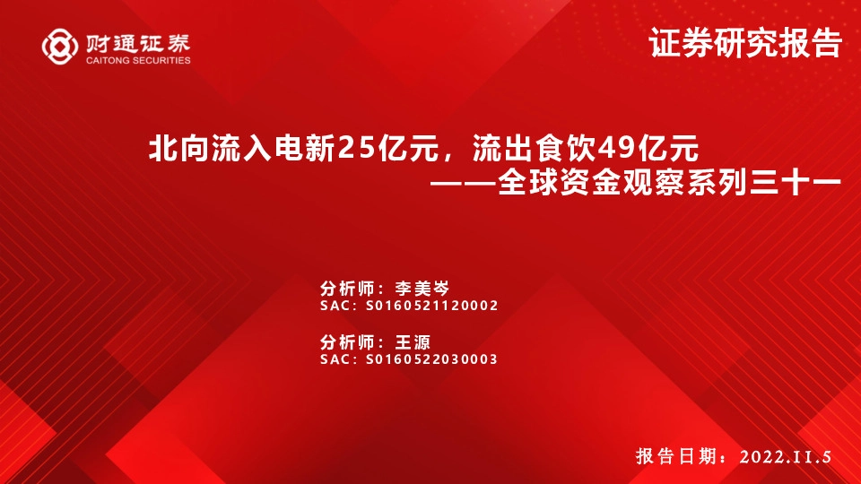 全球资金观察系列三十一：北向流入电新25亿元，流出食饮49亿元