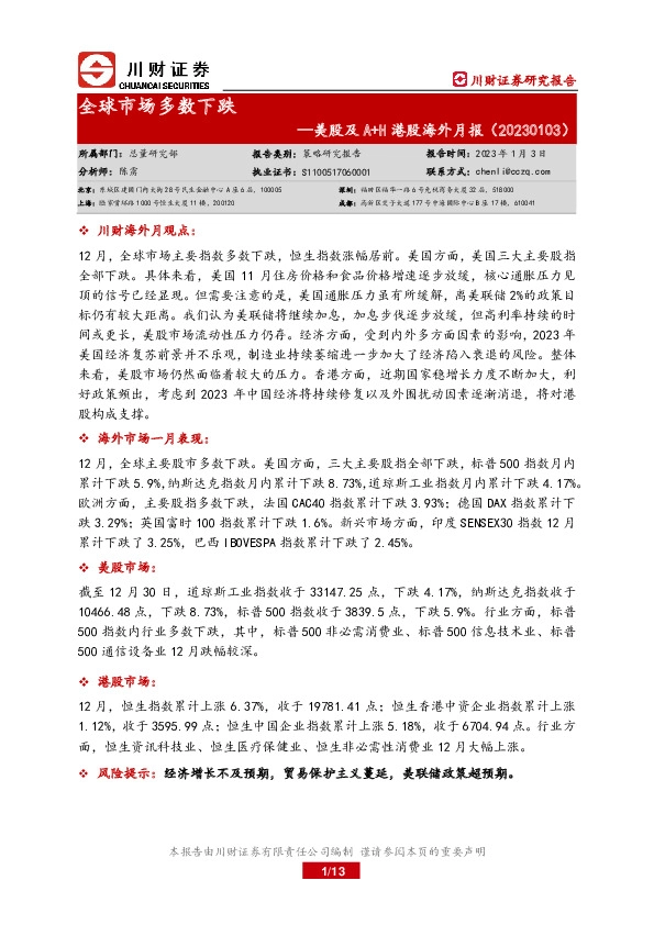 美股及A+H港股海外月报：全球市场多数下跌