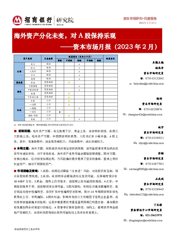 资本市场月报（2023年2月）：海外资产分化未变，对A股保持乐观