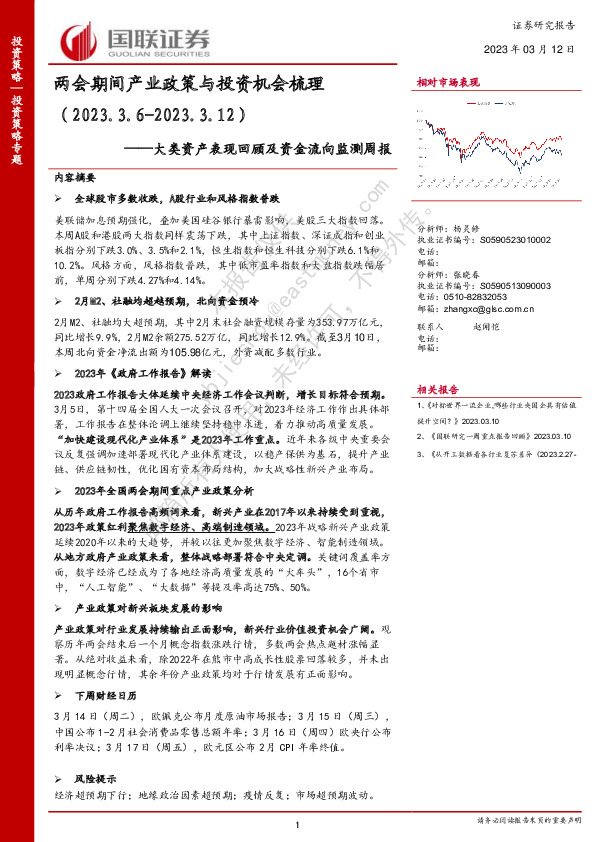 大类资产表现回顾及资金流向监测周报：两会期间产业政策与投资机会梳理