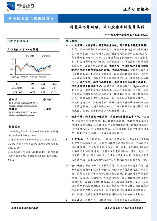 大类资产跟踪周报：弱复苏态势延续，国内股票市场震荡偏弱