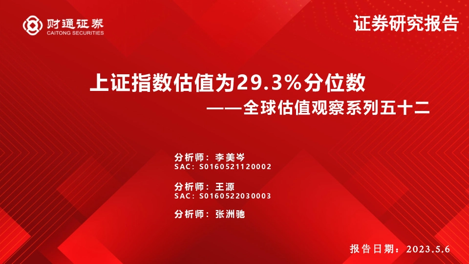 全球估值观察系列五十二：上证指数估值为29.3%分位数