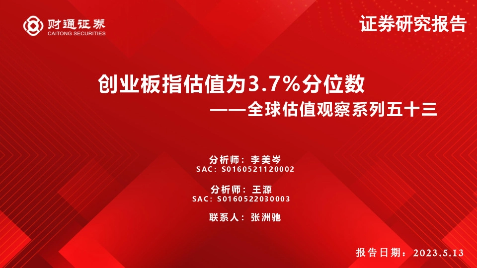 全球估值观察系列五十三：创业板指估值为3.7%分位数