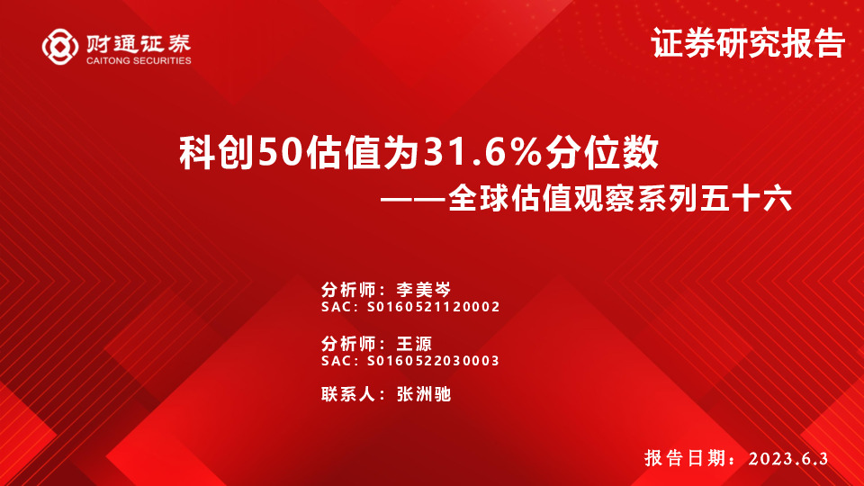 全球估值观察系列五十六：科创50估值为31.6%分位数