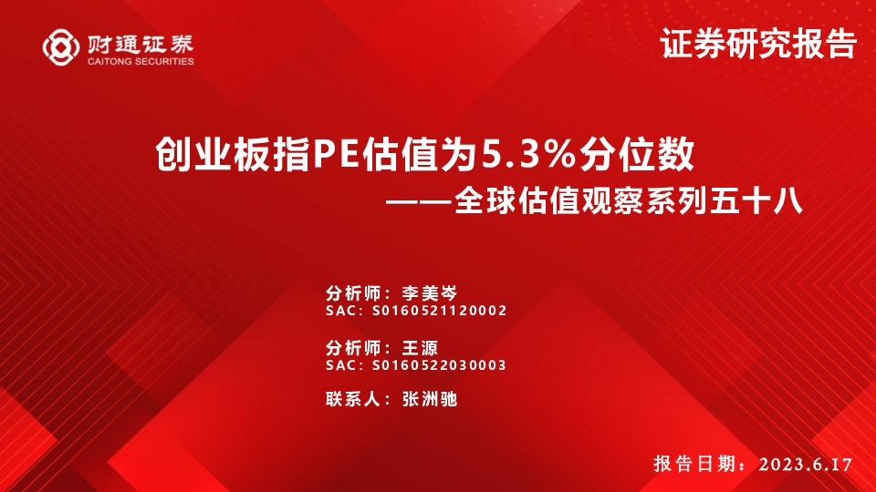 全球估值观察系列五十八：创业板指PE估值为5.3%分位数