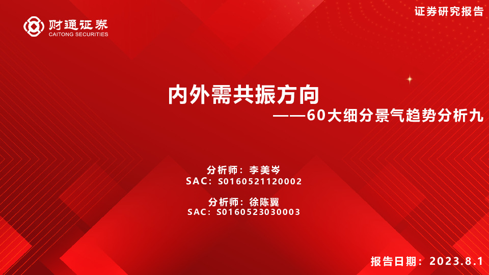 60大细分景气趋势分析九：内外需共振方向