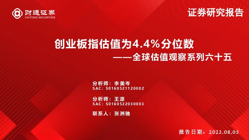 全球估值观察系列六十五：创业板指估值为4.4%分位数