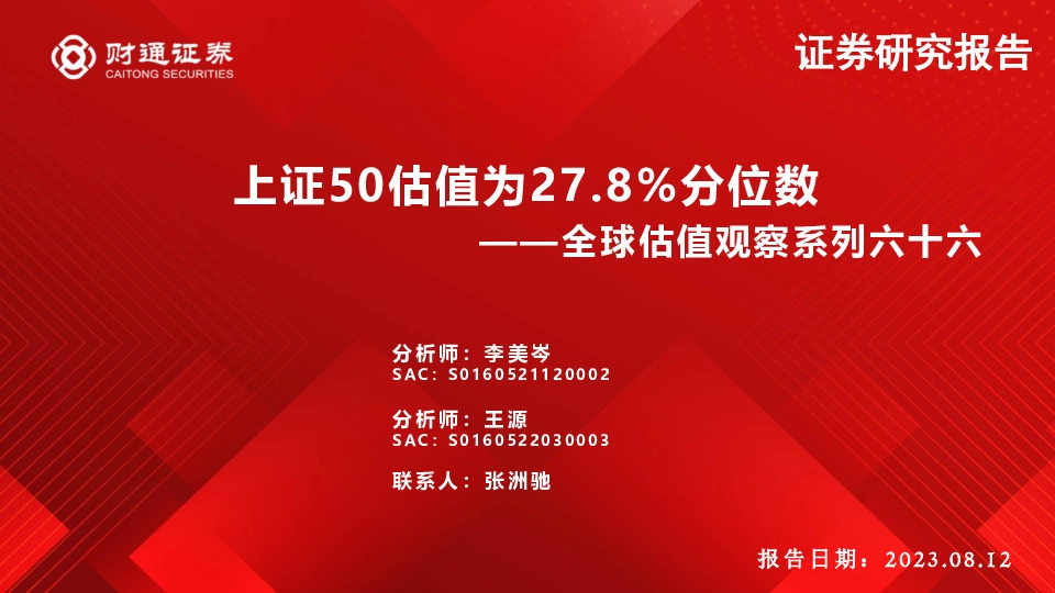 全球估值观察系列六十六：上证50估值为27.8%分位数