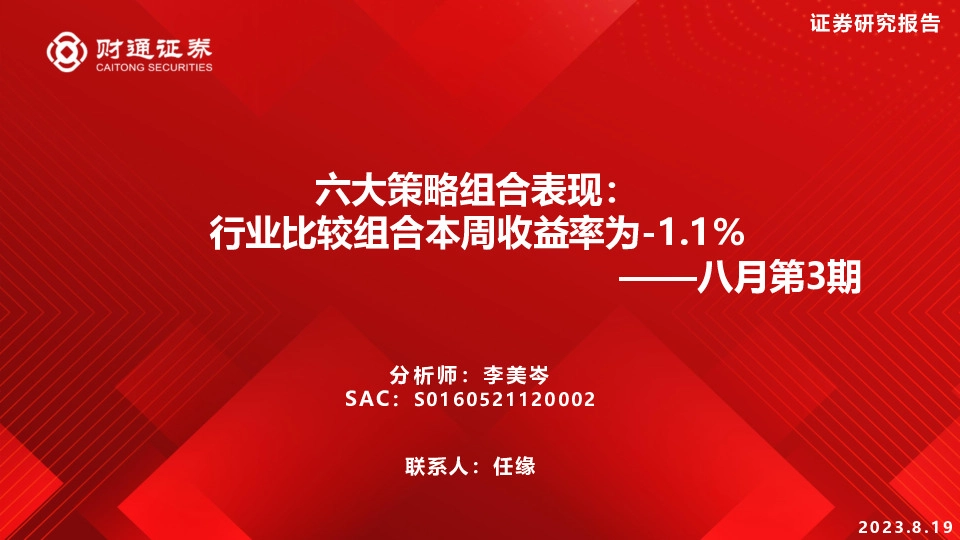 八月第3期六大策略组合表现：行业比较组合本周收益率为-1.1%