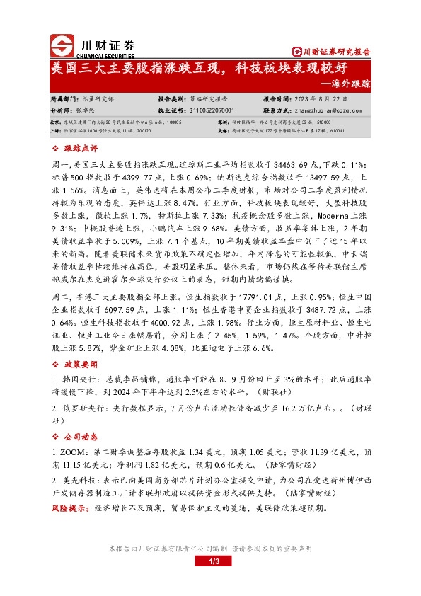 海外跟踪：美国三大主要股指涨跌互现，科技板块表现较好