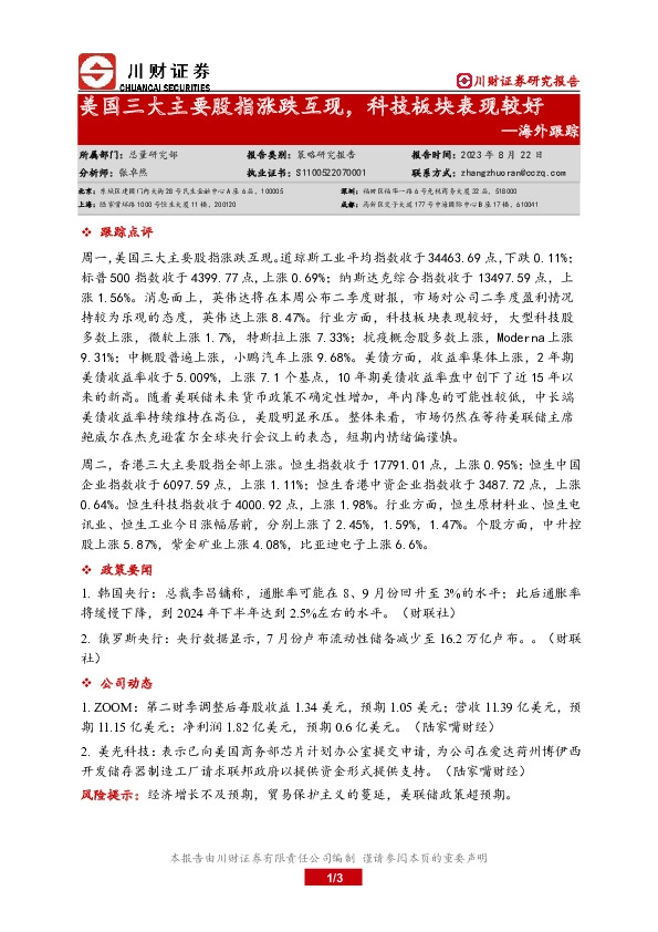 海外跟踪：美国三大主要股指涨跌互现，科技板块表现较好