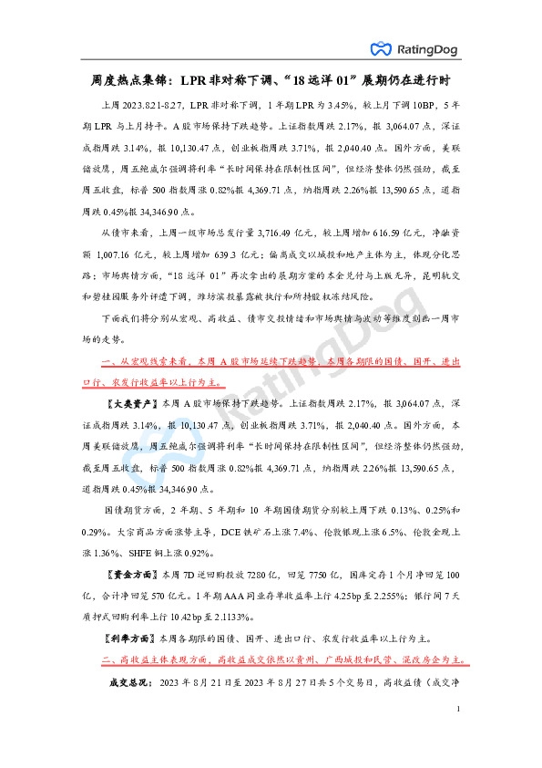 周度热点集锦：LPR非对称下调、“18远洋01”展期仍在进行时