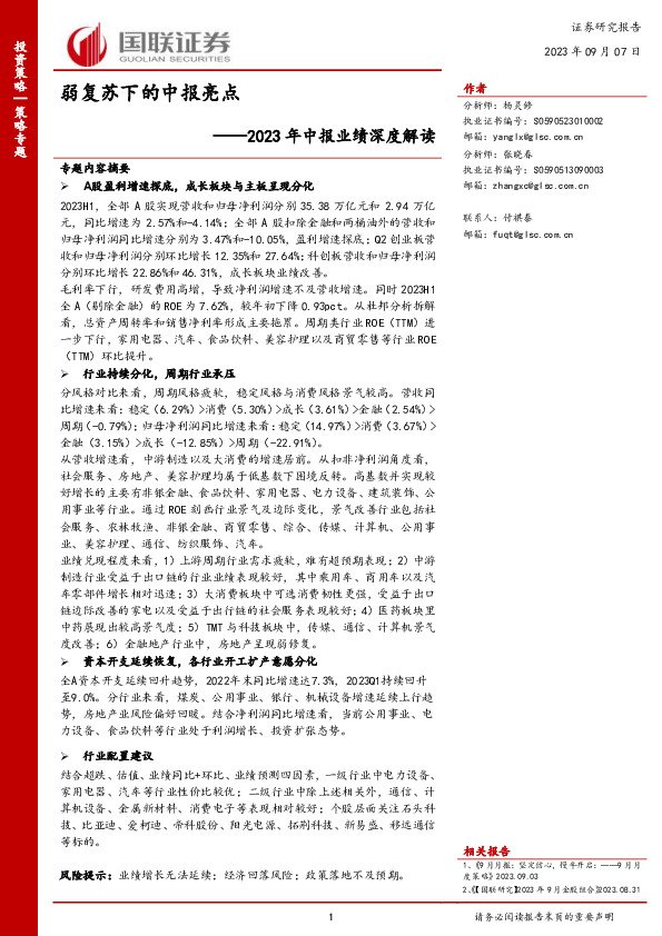 策略专题：2023年中报业绩深度解读-弱复苏下的中报亮点