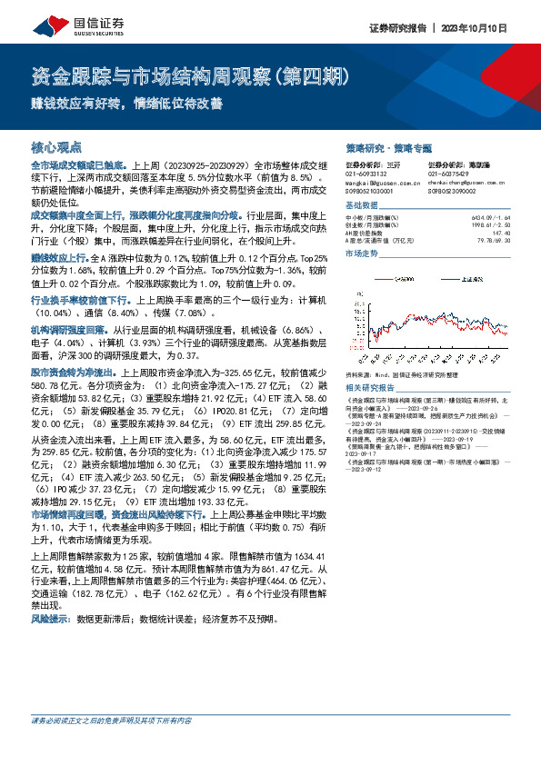 资金跟踪与市场结构周观察（第四期）：赚钱效应有好转，情绪低位待改善