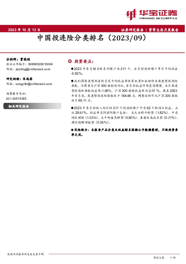 中国投连险分类排名（2023/09）