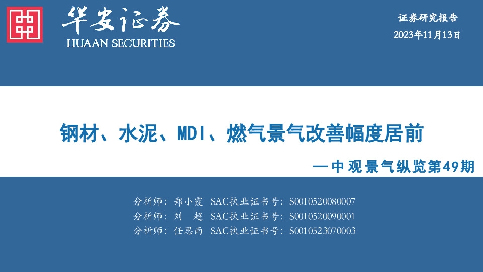 中观景气纵览第49期：钢材、水泥、MDI、燃气景气改善幅度居前