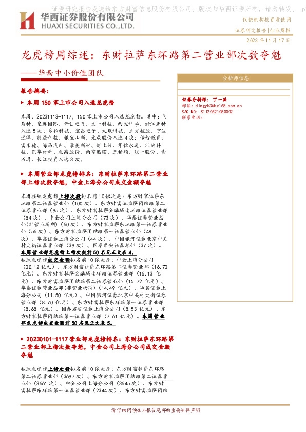 龙虎榜周综述：东财拉萨东环路第二营业部次数夺魁