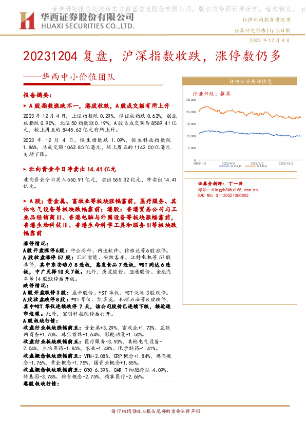 华西中小价值团队：复盘，沪深指数收跌，涨停数仍多
