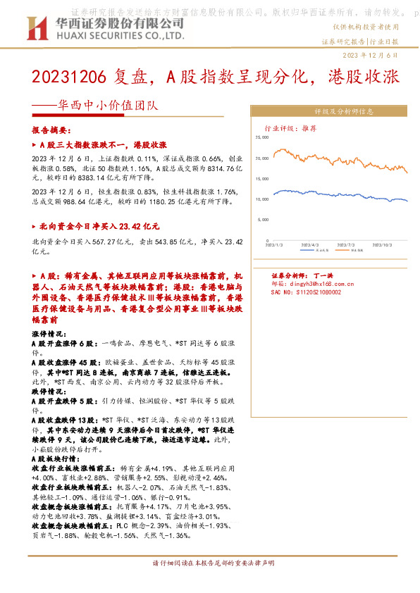 华西中小价值团队：复盘，A股指数呈现分化，港股收涨