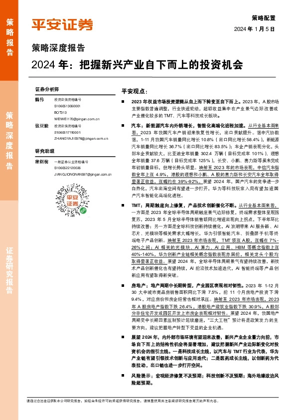 策略深度报告：2024年：把握新兴产业自下而上的投资机会