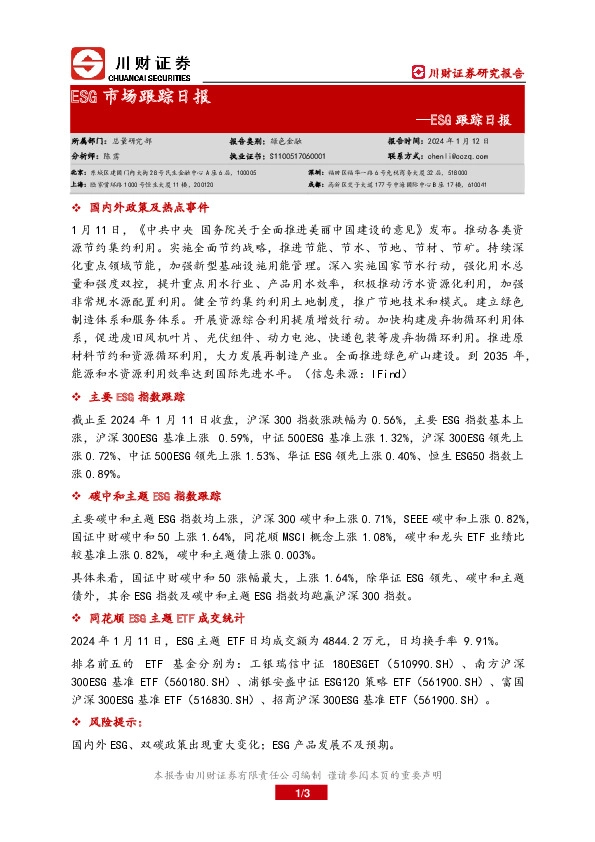 ESG市场跟踪日报