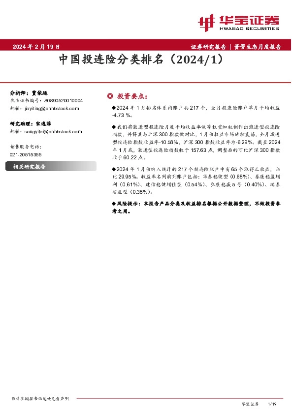 中国投连险分类排名（2024/1）