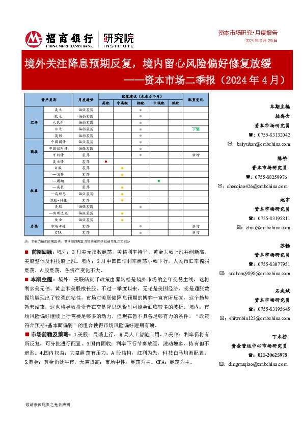 资本市场二季报（2024年4月）：境外关注降息预期反复，境内留心风险偏好修复放缓