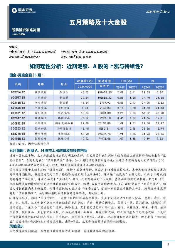 五月策略及十大金股：如何理性分析：近期港股、A股的上涨与持续性？