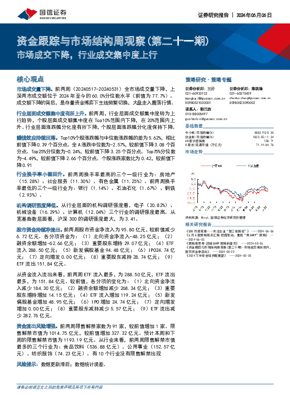 资金跟踪与市场结构周观察（第二十一期）：市场成交下降，行业成交集中度上行