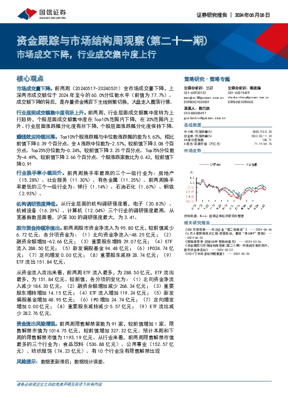 资金跟踪与市场结构周观察（第二十一期）：市场成交下降，行业成交集中度上行