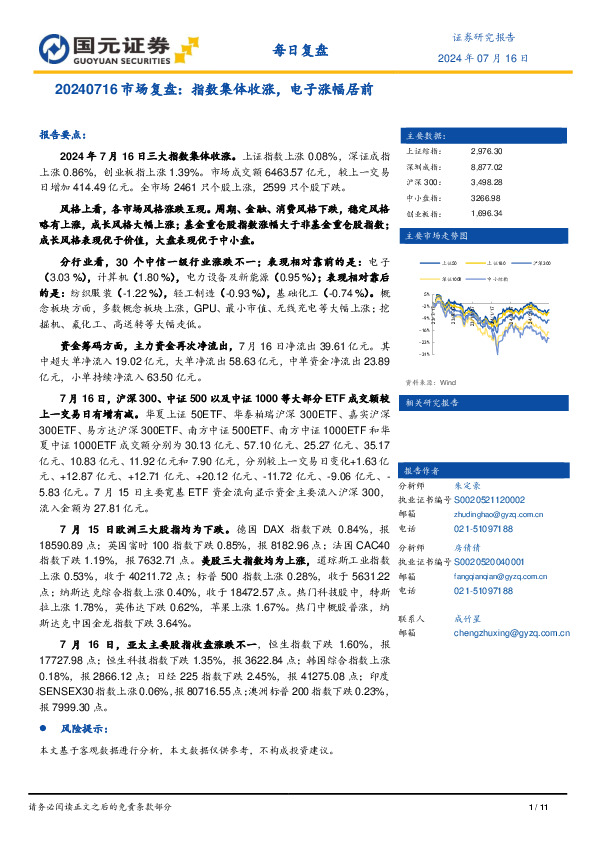 市场复盘：指数集体收涨，电子涨幅居前