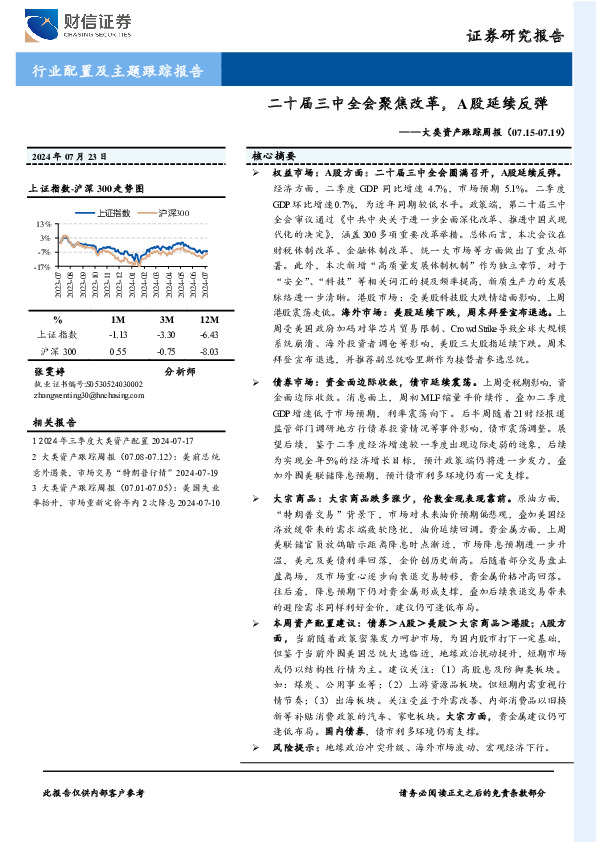 大类资产跟踪周报：二十届三中全会聚焦改革，A股延续反弹