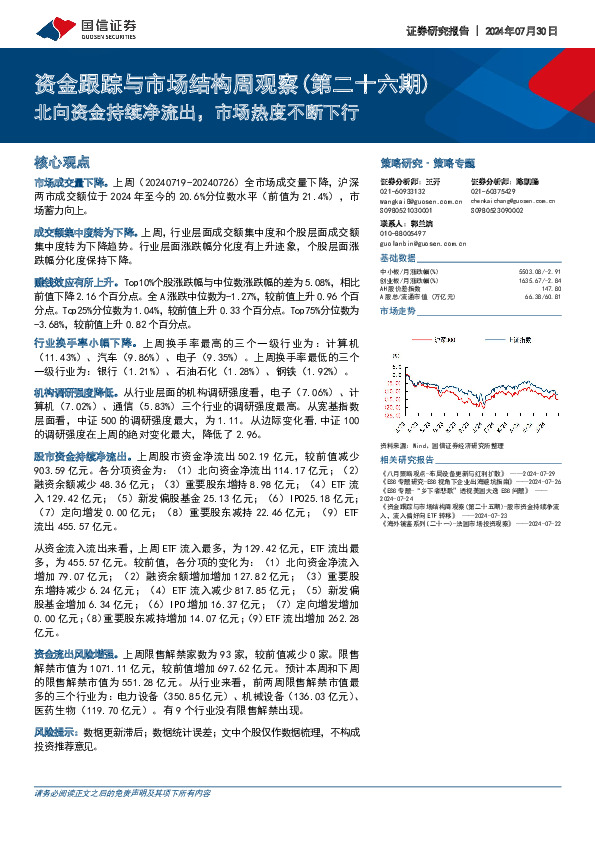 资金跟踪与市场结构周观察（第二十六期）：北向资金持续净流出，市场热度不断下行
