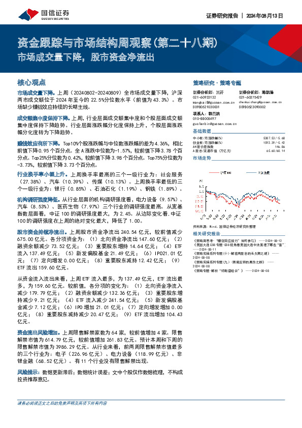 资金跟踪与市场结构周观察（第二十八期）：市场成交量下降，股市资金净流出