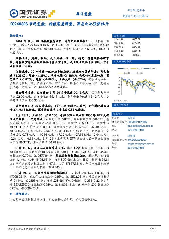 市场复盘：指数震荡调整，固态电池强势拉升