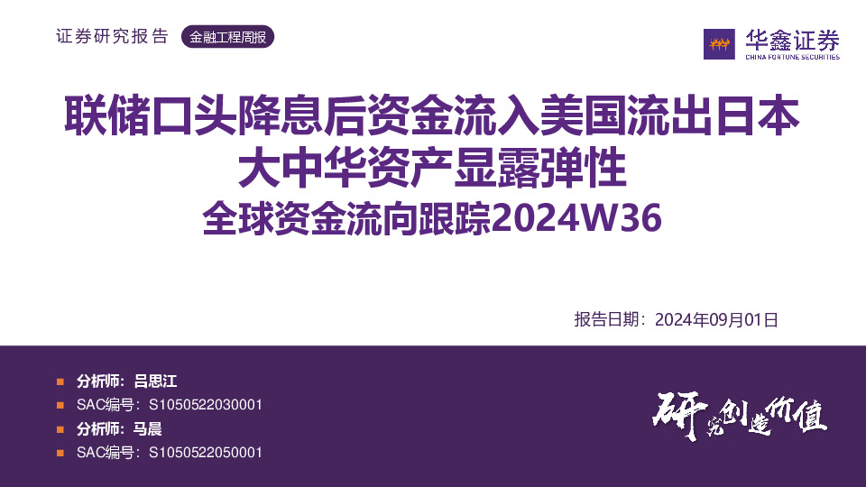 全球资金流向跟踪2024W36：联储口头降息后资金流入美国流出日本大中华资产显露弹性