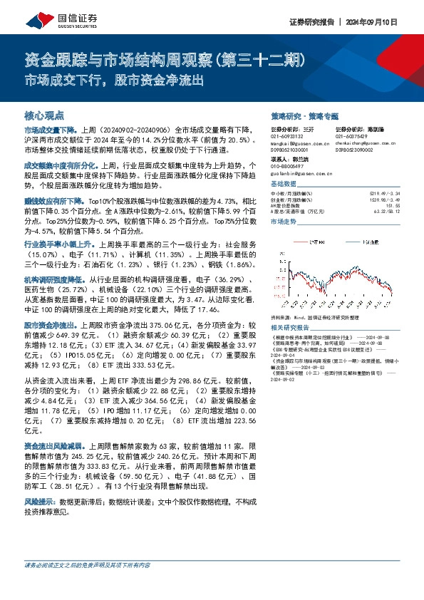 资金跟踪与市场结构周观察（第三十二期）：市场成交下行，股市资金净流出