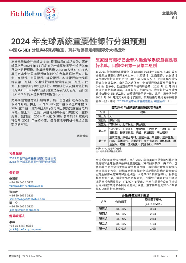 2024年全球系统重要性银行分组预测：中国G-SIBs分组料将保持稳定，兼并瑞信推动瑞银评分大幅提升