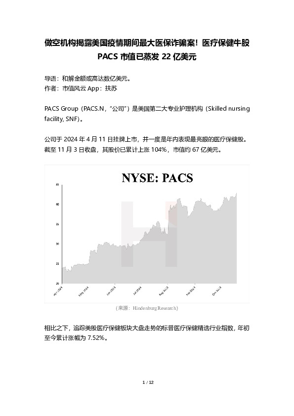 做空机构揭露美国疫情期间最大医保诈骗案！医疗保健牛股PACS市值已蒸发22亿美元