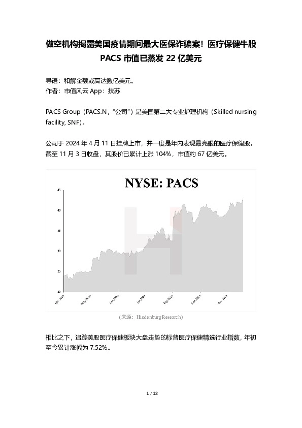 做空机构揭露美国疫情期间最大医保诈骗案！医疗保健牛股PACS市值已蒸发22亿美元