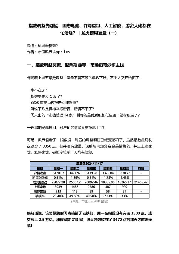 龙虎榜周复盘（一）：指数调整先别慌！固态电池、并购重组、人工智能，游资大佬都在忙活啥？