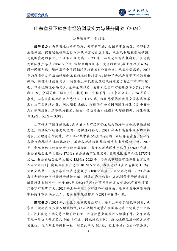区域研究报告：山东省及下辖各市经济财政实力与债务研究(2024)