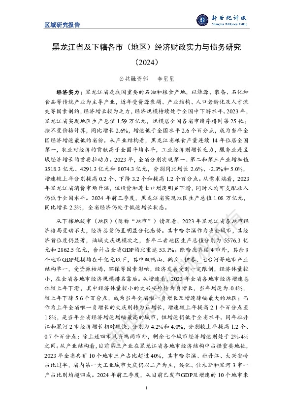 区域研究报告：黑龙江省及下辖各市（地区）经济财政实力与债务研究（2024）