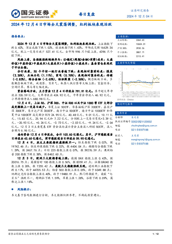 每日复盘：2024年12月4日市场全天震荡调整，红利板块表现活跃