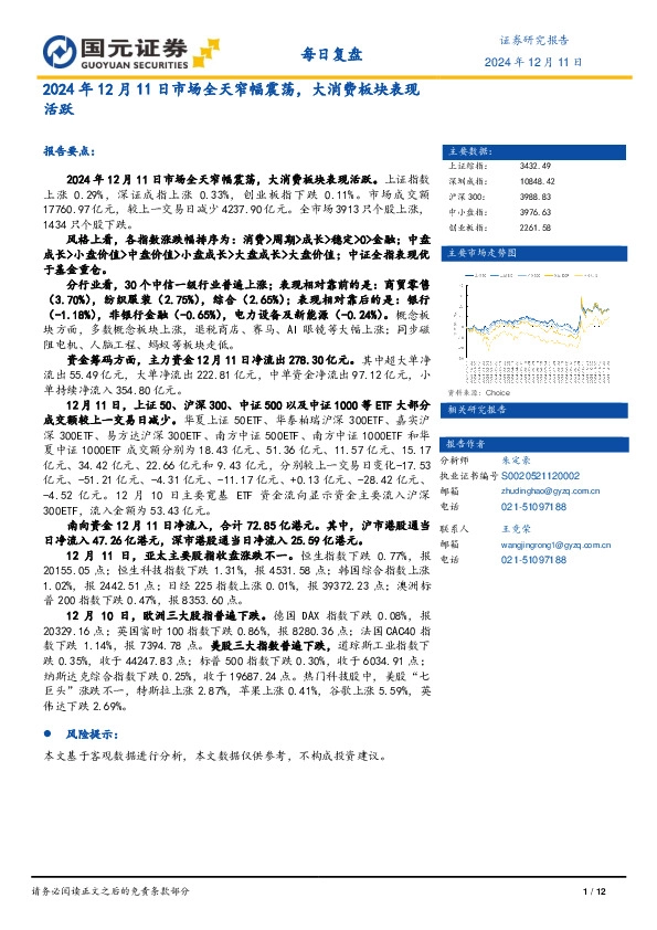 每日复盘：2024年12月11日市场全天窄幅震荡，大消费板块表现活跃