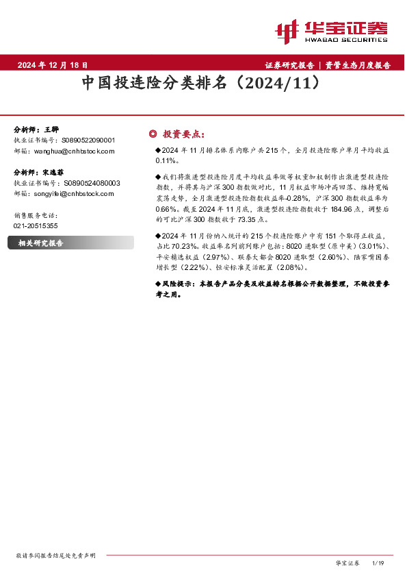 中国投连险分类排名（2024/11）