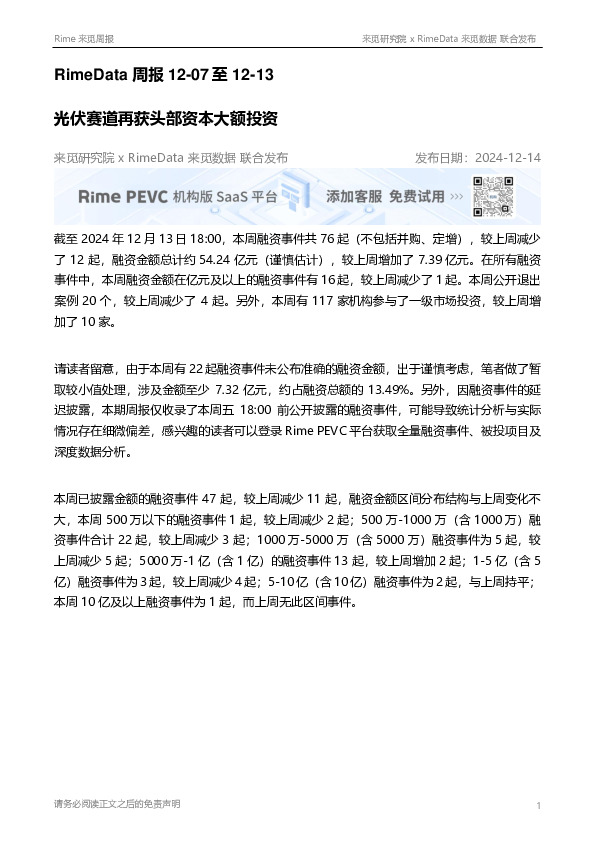 RimeData周报：光伏赛道再获头部资本大额投资