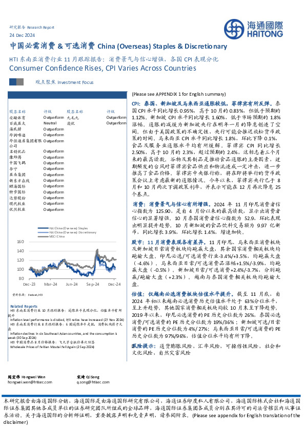 HTI东南亚消费行业11月跟踪报告：消费景气与信心增强，各国CPI表现分化