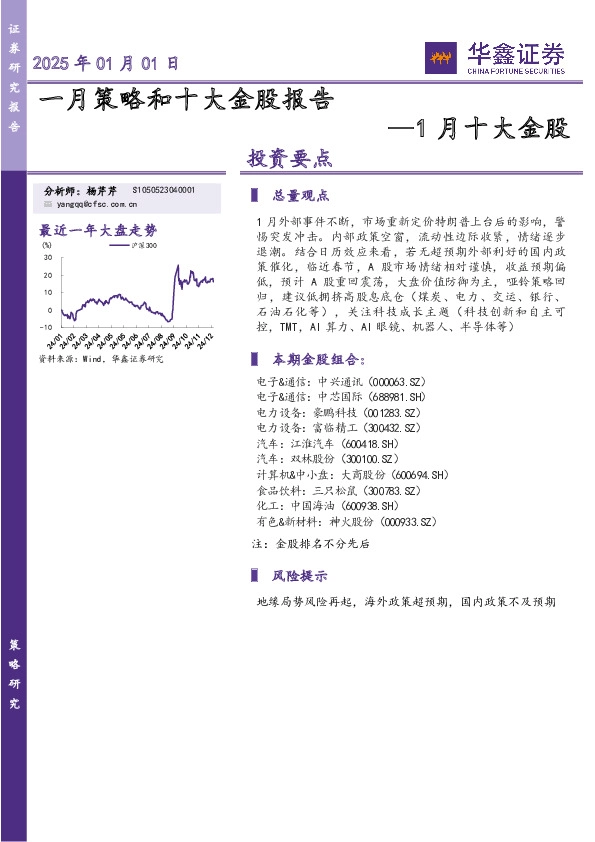 1月十大金股：一月策略和十大金股报告