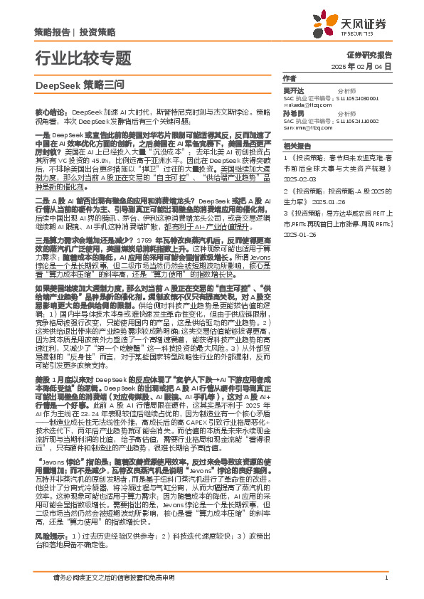 行业比较专题：DeepSeek策略三问